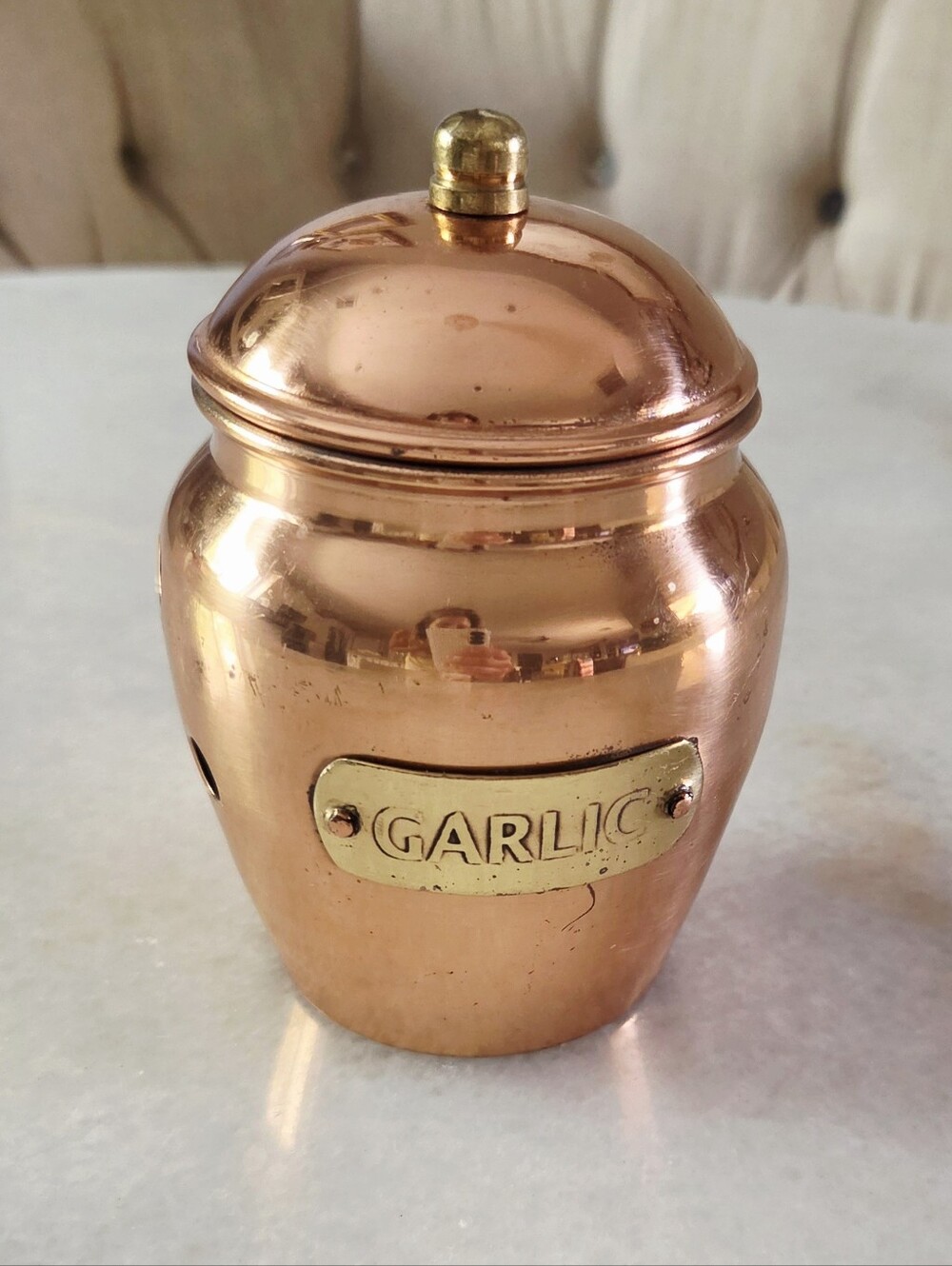 Vintage Copper Garlic Keeper Storage Jar + Lid, Brass Plaque, Ventilation Holes